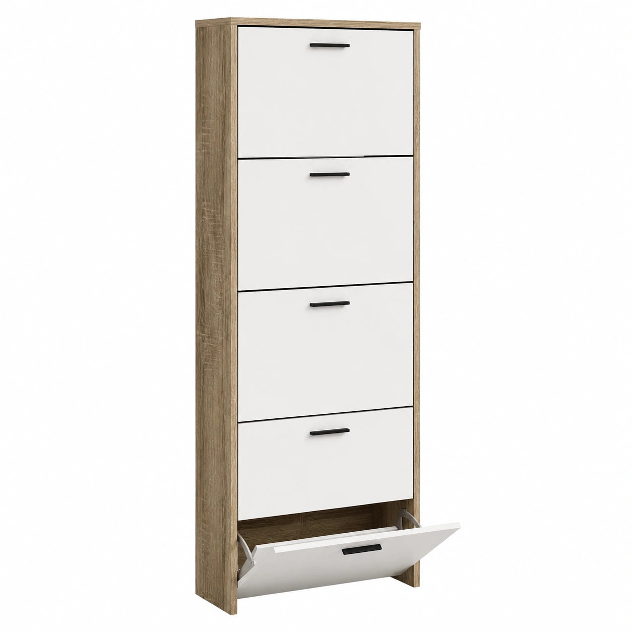 Schmaler Schuhschrank CATAVANA mit 5 Fächern für 15 Paare, Platzsparendes weißes Holzregal, Modernes Design 60x17x180 cm