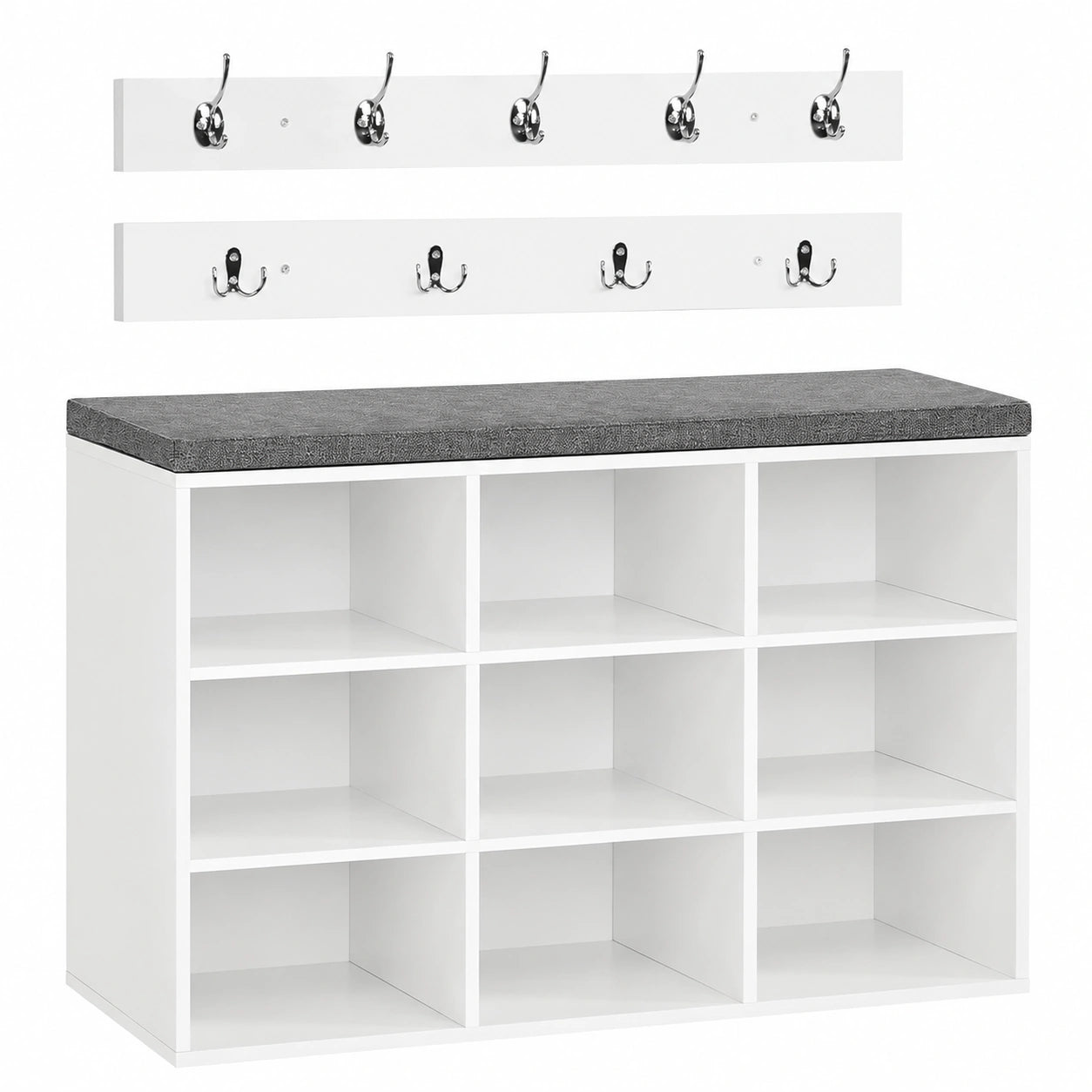 HOOBRO Schuhregal und Garderobe Set mit Sitzbank, 9 Fächer und 9 Haken, für Flur und Schlafzimmer, Weiß
