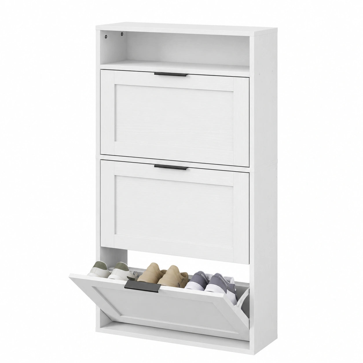 Schmaler Schuhschrank mit 3 Klappen, verstellbare Einlegeböden, Platz für 6-9 Paar Schuhe, ideal für Flur, Wohnzimmer und Balkon, Weiß