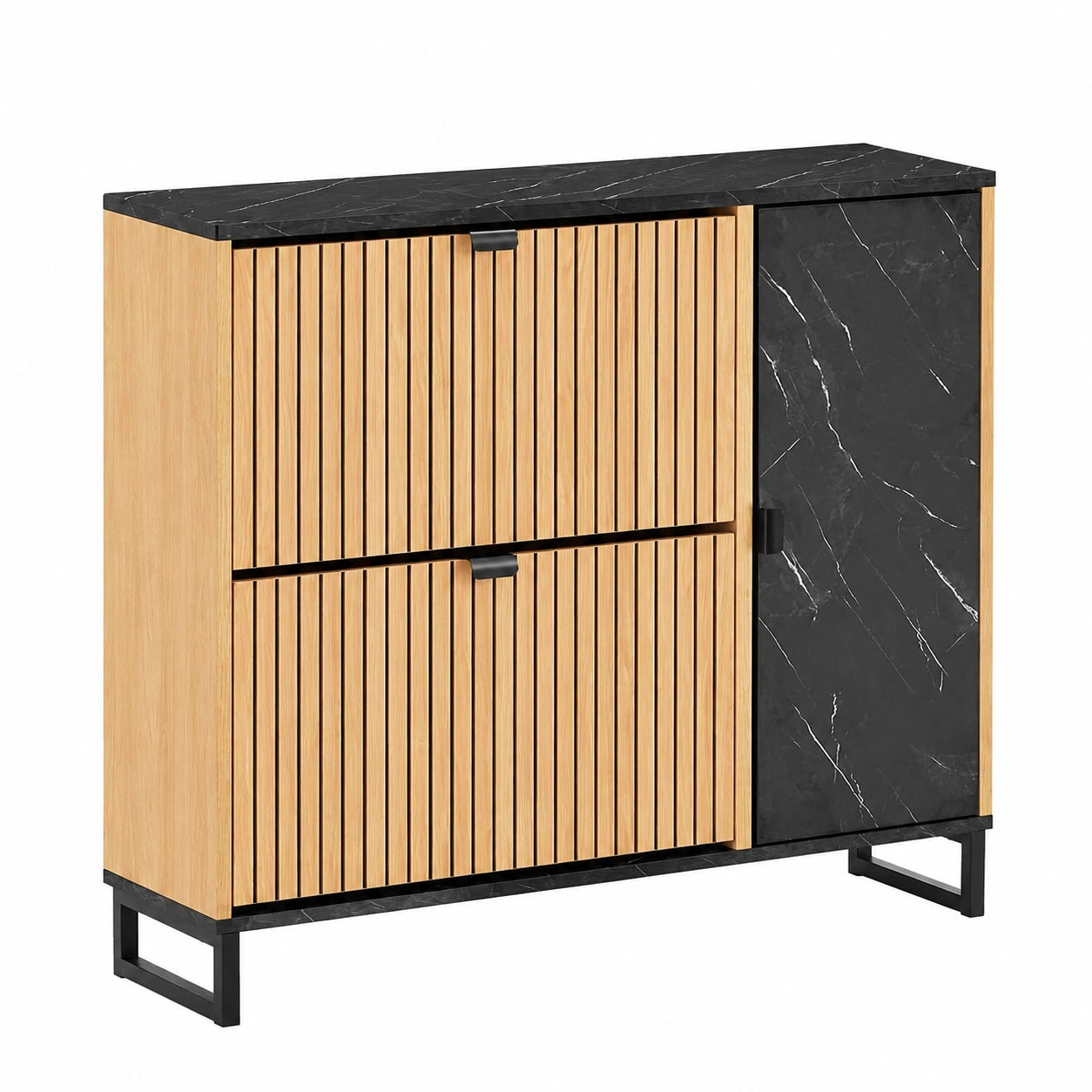 Schuhschrank Schwarz mit Marmoroptik, Kompakte Schuhkipper für Flur, Platzsparend, 60KG Belastbarkeit, 90x88x24 cm