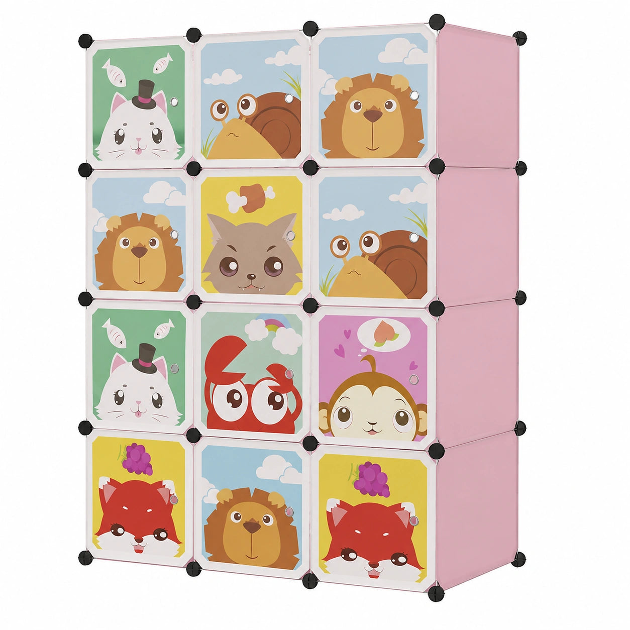 Kinder Aufbewahrungsschrank mit Tiermotiven, DIY Kunststoff Kleiderschrank, Rosa 12 Würfel, 111x37x147 cm