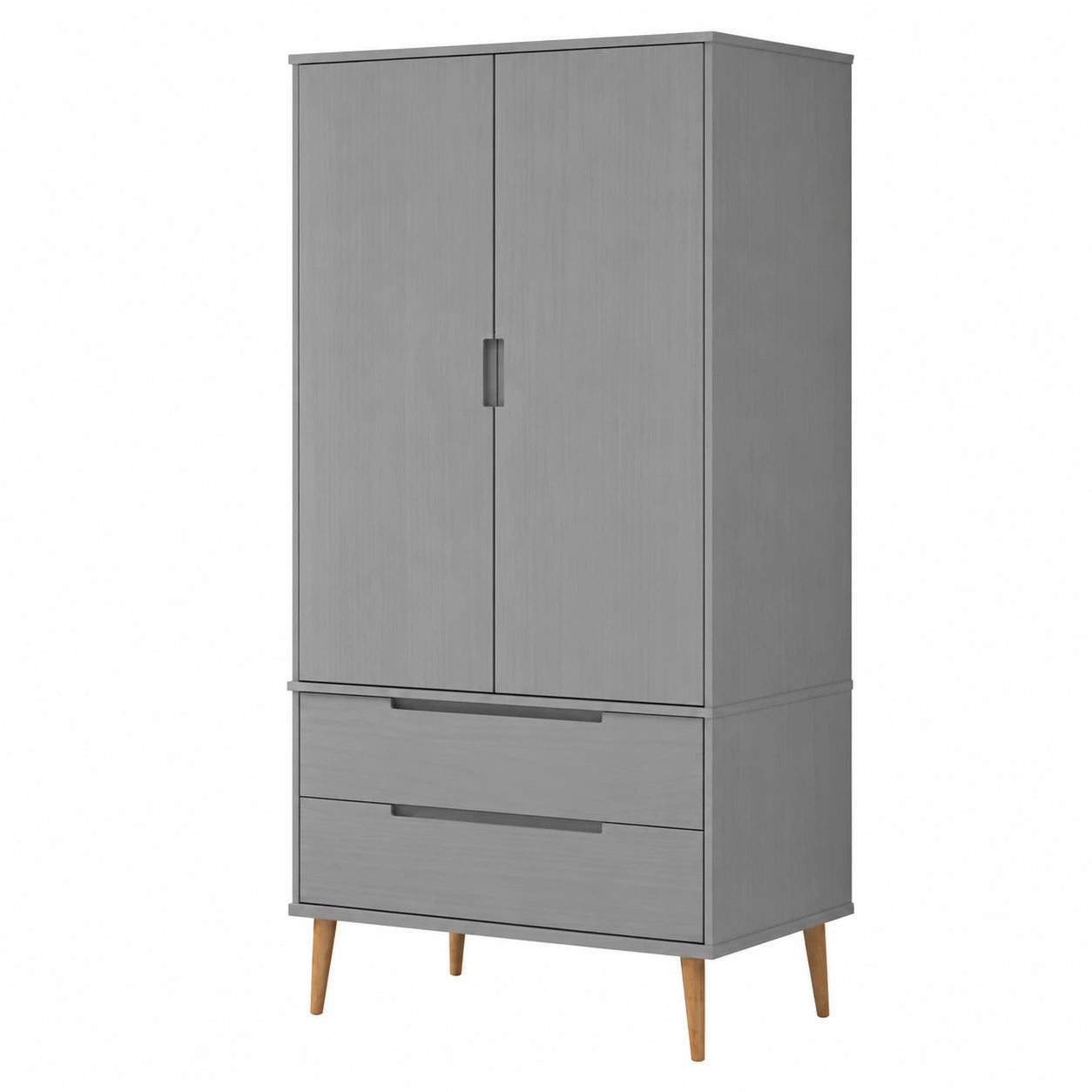 Skandinavischer Kleiderschrank aus Massivholz, Grau, 90x55x175 cm, mit 2 Schubladen und großem Fach