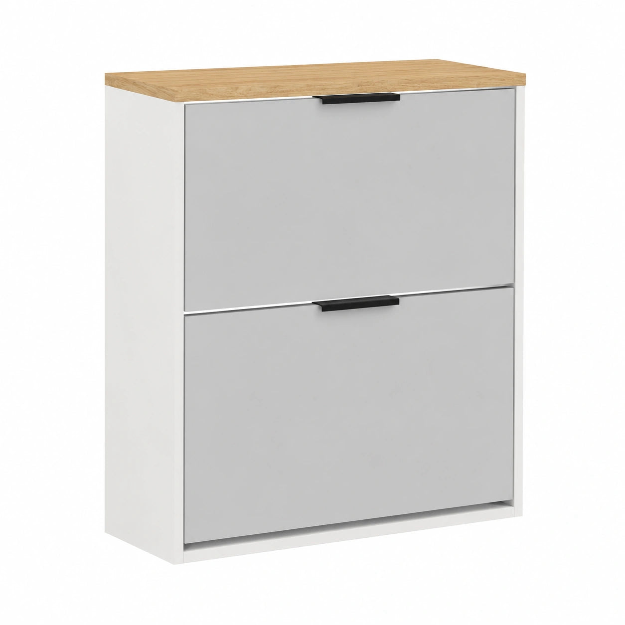 Schmaler Schuhschrank mit 2 Klappen und 4 Fächern, platzsparend für Flur und Garderobe, 60 x 23 x 80,5 cm, weiß/grau