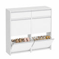 Platzsparender Schuhschrank mit Klapptüren und Schublade, Weiß-Silber, für Flur und Eingang, 100x24x99 cm