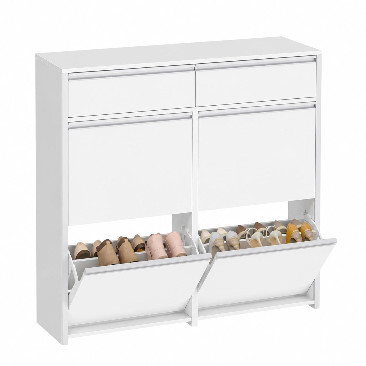 Platzsparender Schuhschrank mit Klapptüren und Schublade, Weiß-Silber, für Flur und Eingang, 100x24x99 cm