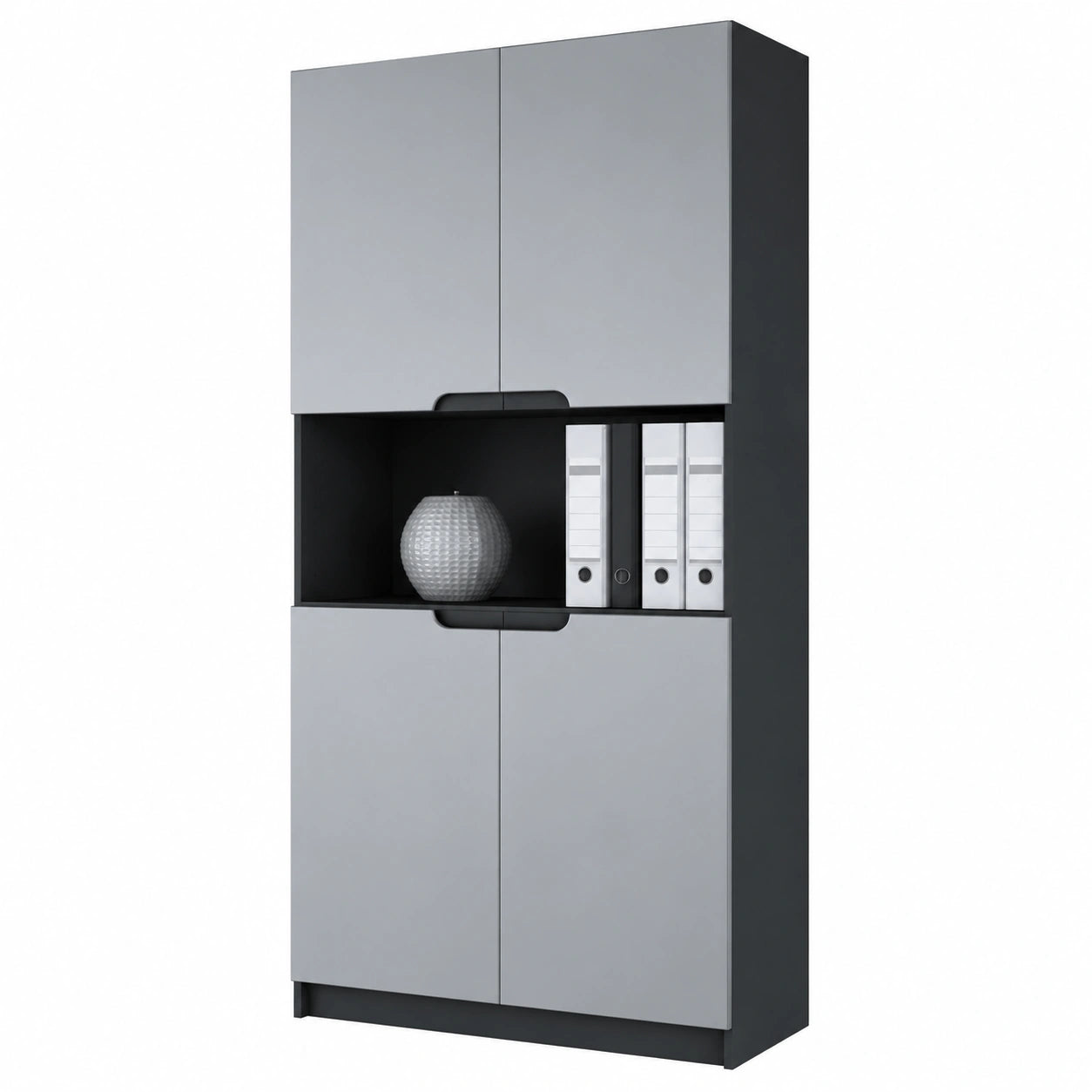 Vladon Logan V2 Büroschrank, 5 Fächer, 4 Türen, Schwarz/Hellgrau, 82x184x37 cm