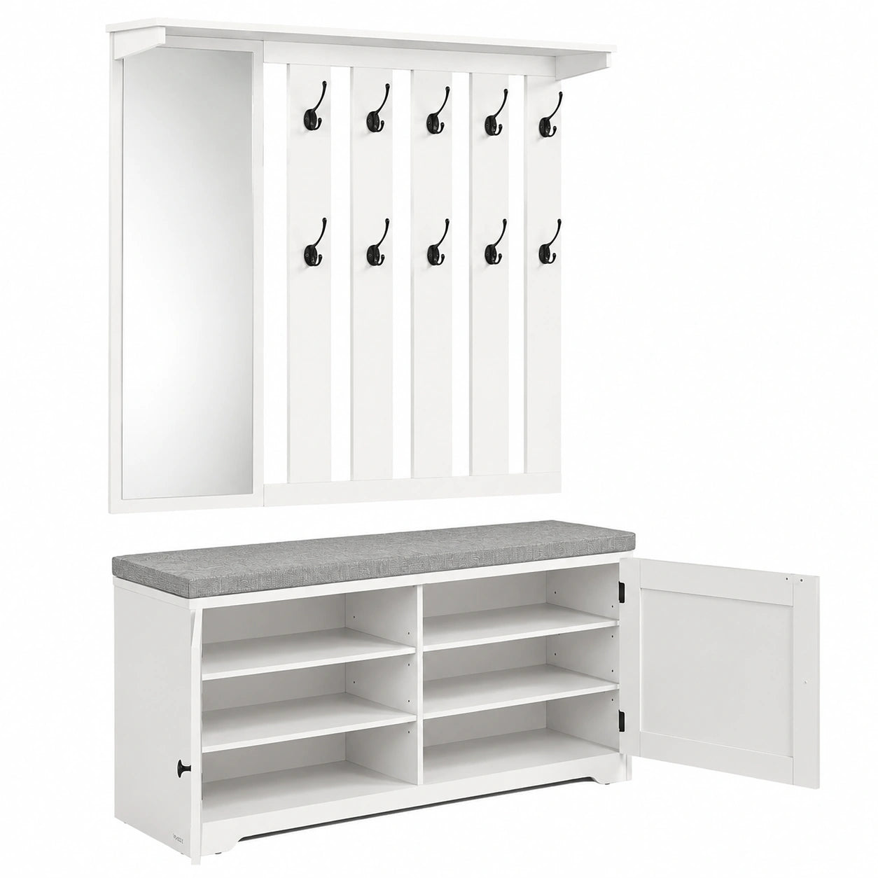 VASAGLE Flurmöbel Set mit Spiegel, Schuhschrank und Sitzbank, verstellbare Ablagen, Doppeltüren, abnehmbares Sitzpolster, 101 cm breit, wolkenweiß