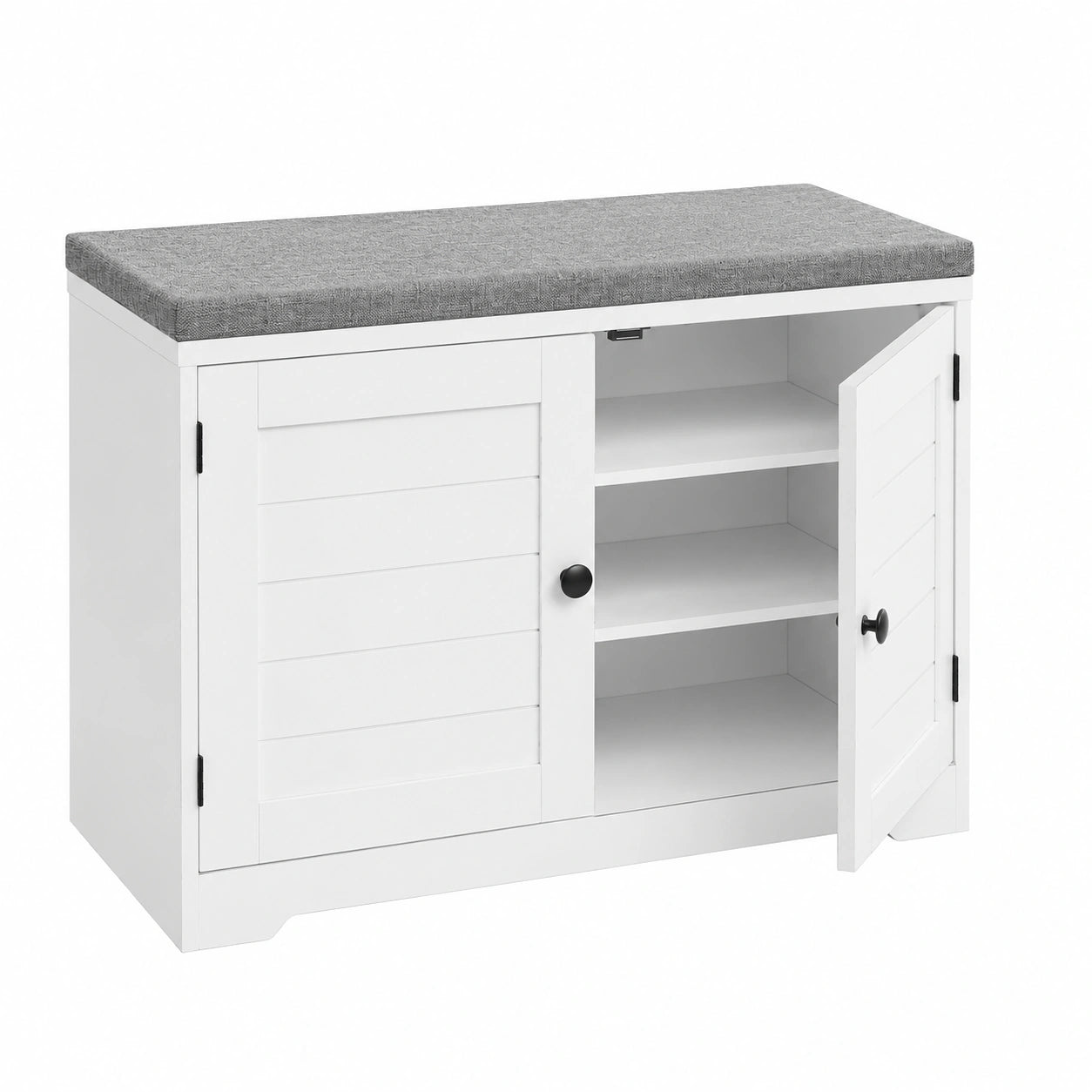 VASAGLE Schuhbank mit Sitzkissen und verstellbaren Regalen, 3 Ebenen, Stauraum mit Türen, 35,5 x 81 x 52,5 cm, für Flur und Schlafzimmer, weiß-grau