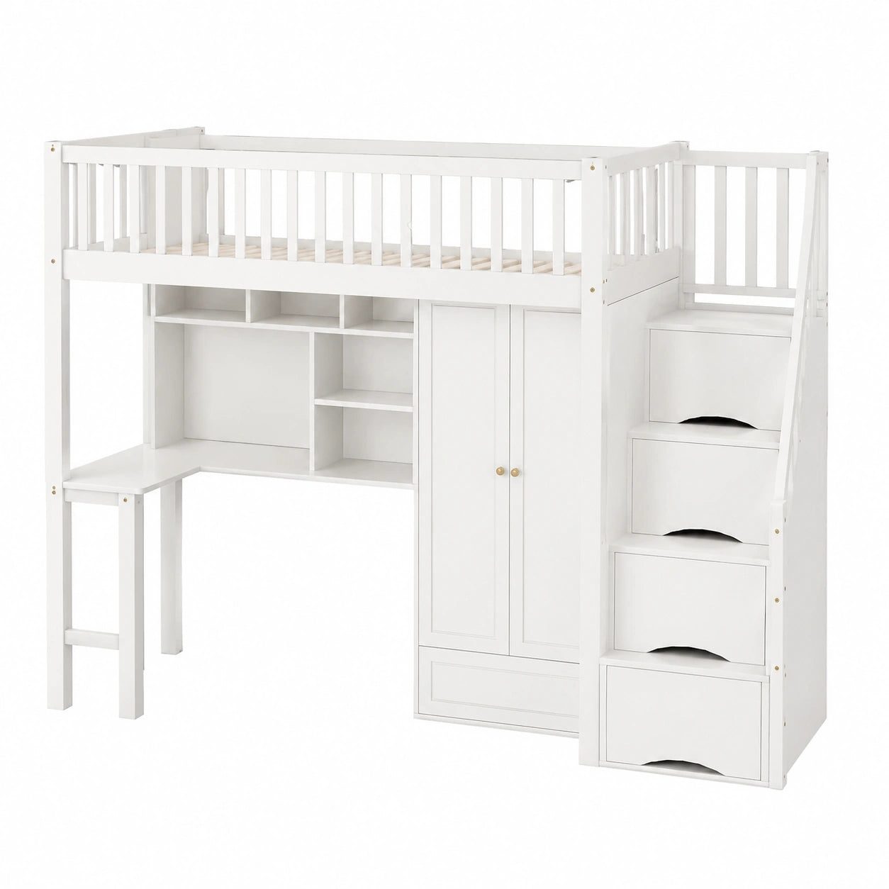 Multifunktionales Hochbett 90x200 mit Kleiderschrank, Regal und Schreibtisch