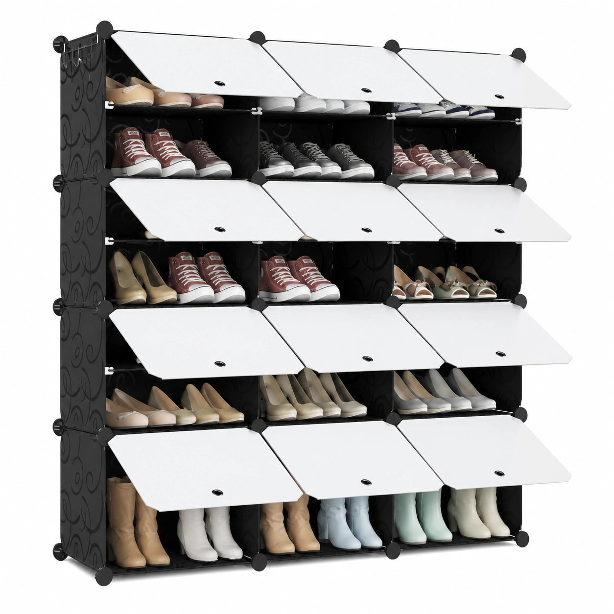 Modulares Mondeer Schuhregal, 3x7 Ebenen Kunststoff Schuhschrank mit Türen, Platz für 42 Paar, vielseitig und platzsparend, ideal für Flure und Schlafzimmer, Schwarz