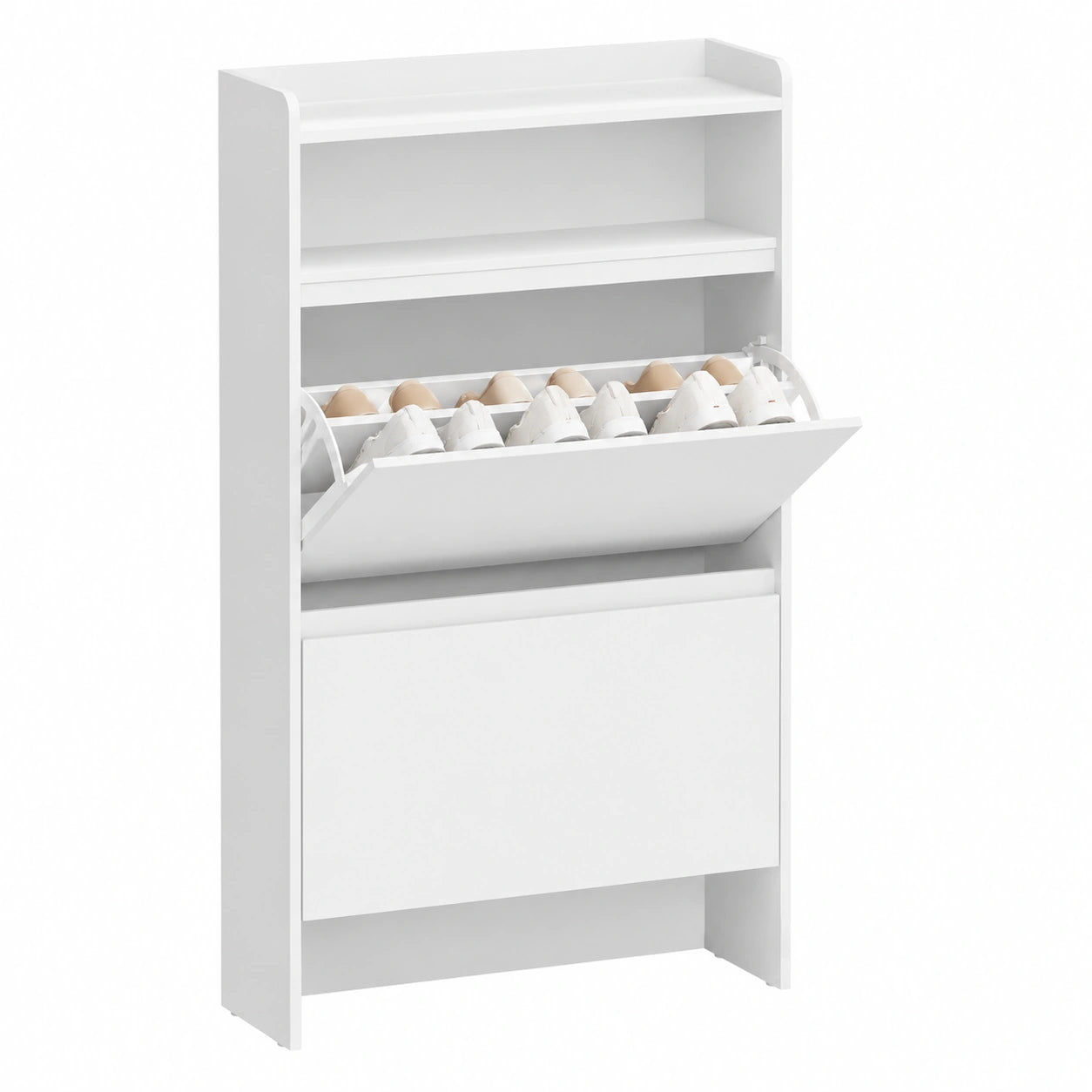 Asgolion Schuhschrank mit 2 Klappen und offenem Fach, verstellbare Trennwände, Platz für 10-15 Paar, 60x22x112 cm, Weiß