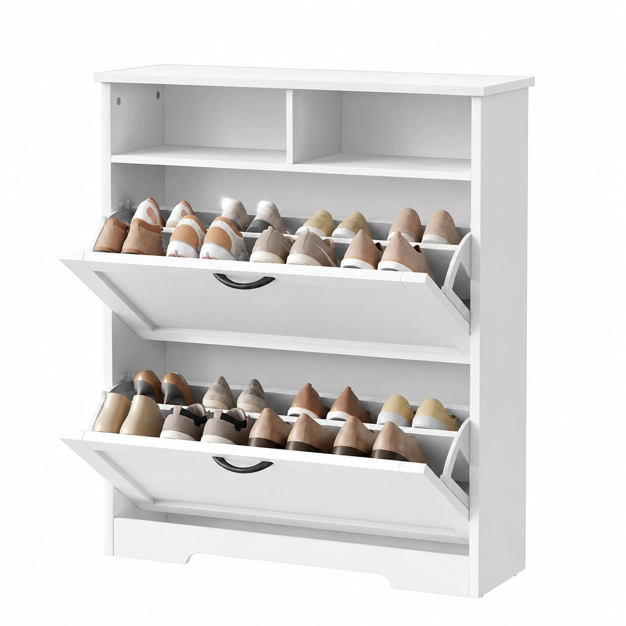 Moderner Schuhschrank mit Klappen und Haken, Verstellbare Böden, Offene Fächer, Weiß/Schwarz, 24 x 80 x 100 cm