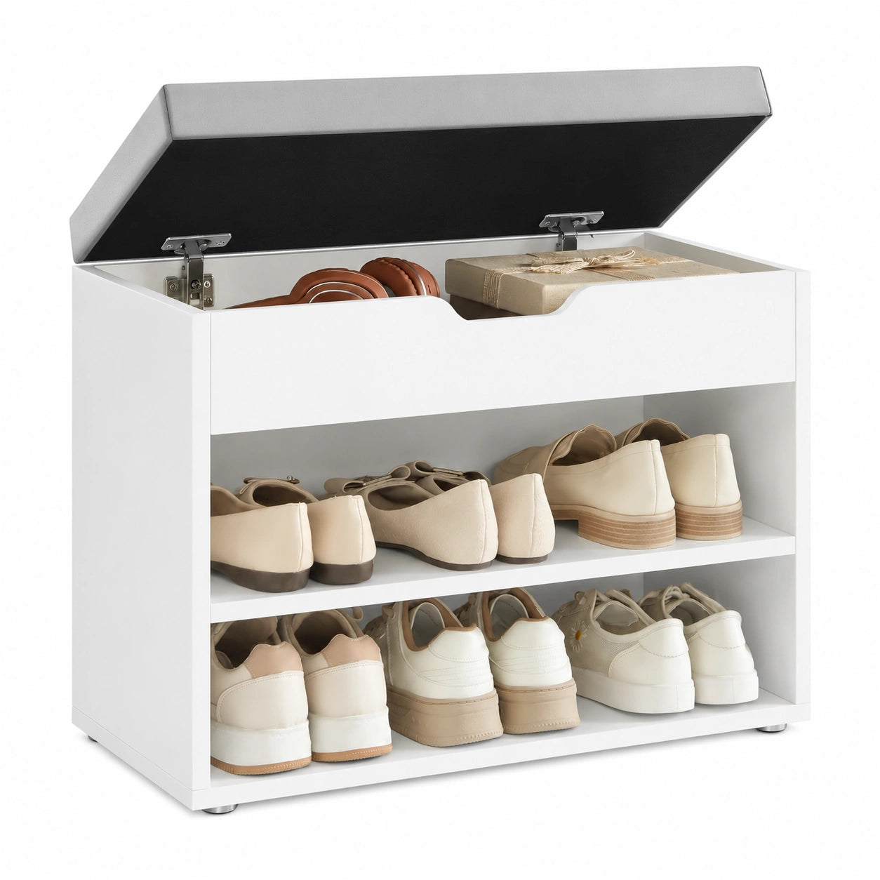 VASAGLE Schuhregal mit Sitzpolster, 3-stufig, 30x60x44 cm, für Flur & Schlafzimmer, Wolkenweiß