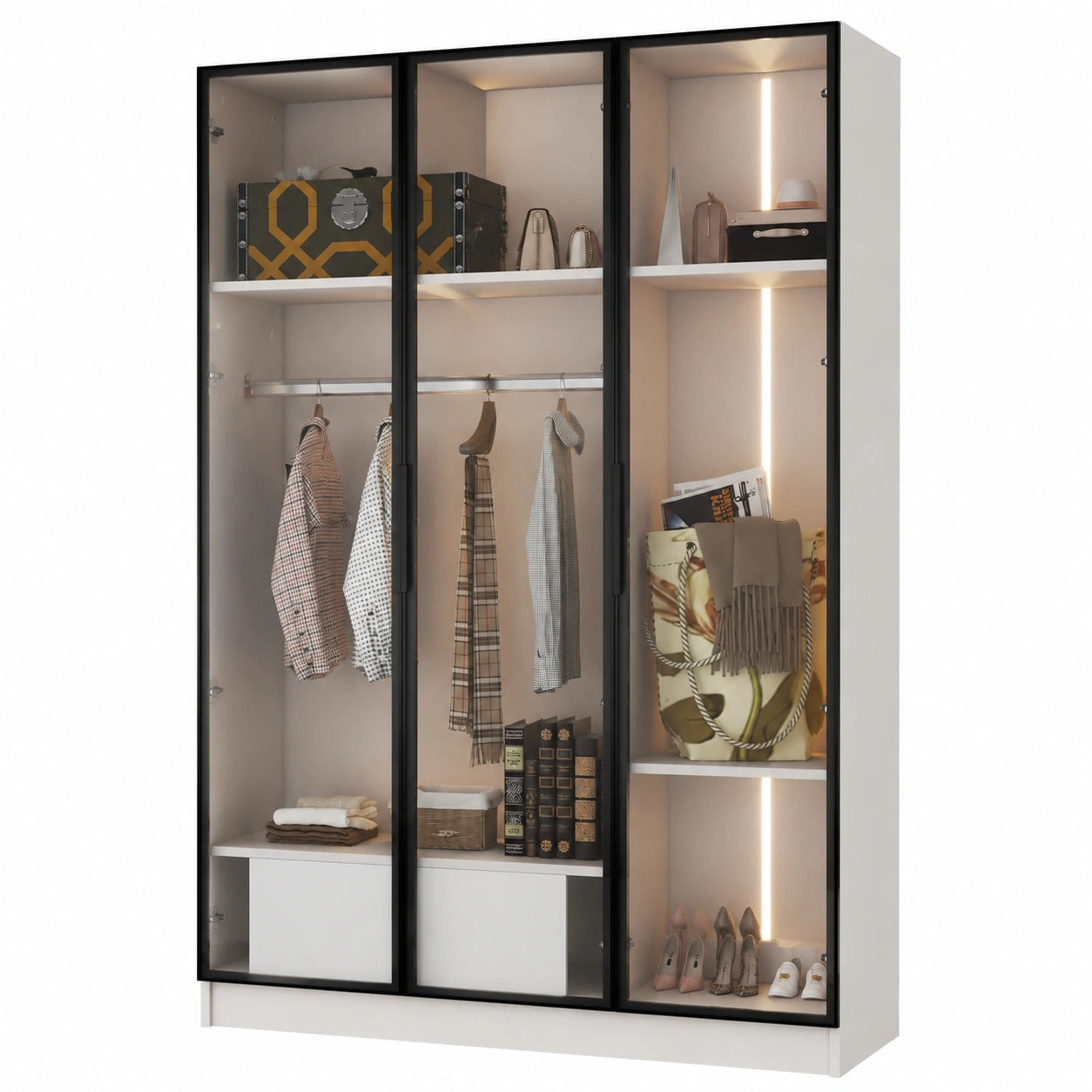 Moderner Kleiderschrank mit LED und Spiegel, 3 Glastüren, 160cm, mit Kleiderstange und Schubladen