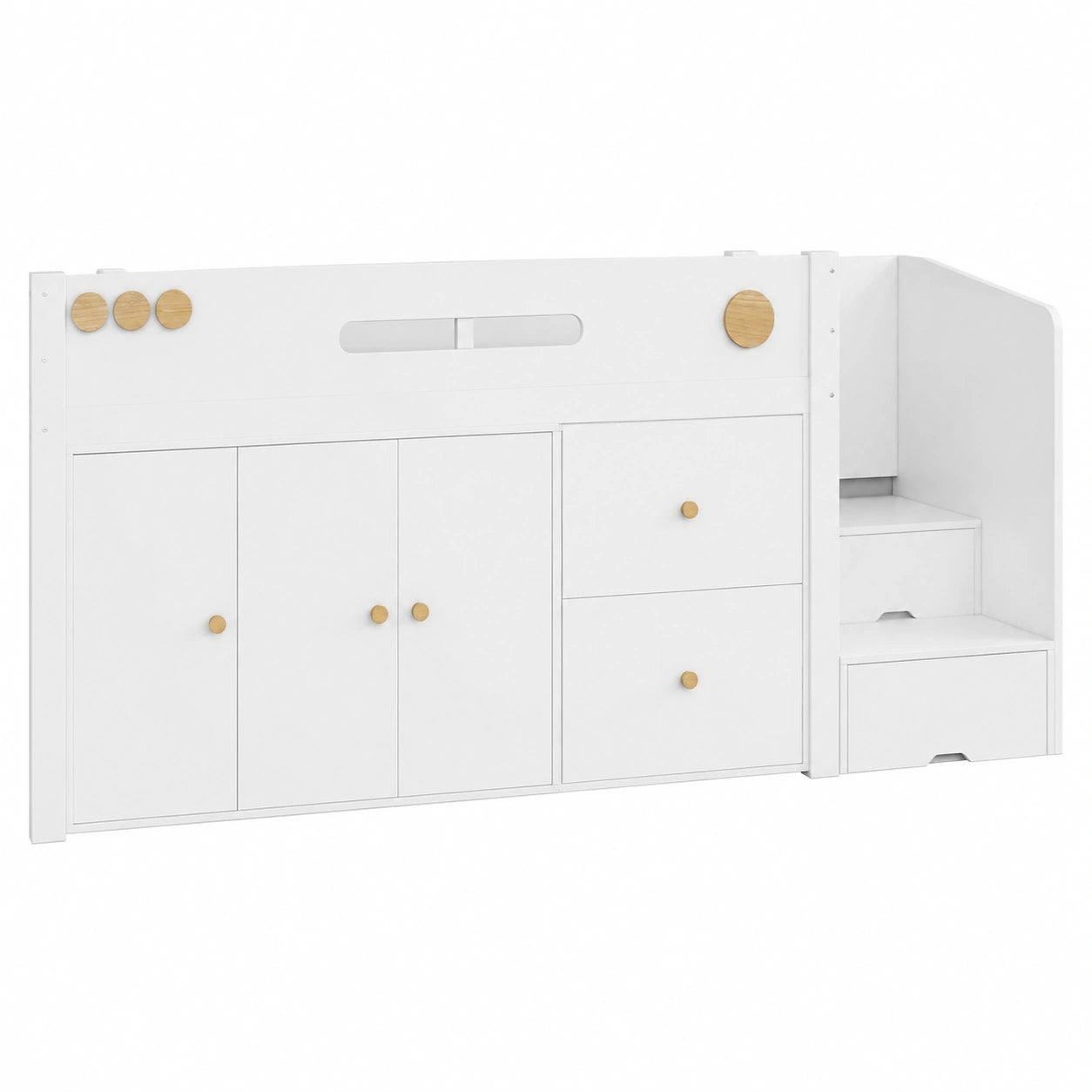 Multifunktionales Kinder-Hochbett mit Stauraum & Kleiderschrank, Kiefer/MDF, Weiß/Natur, 90x200 cm