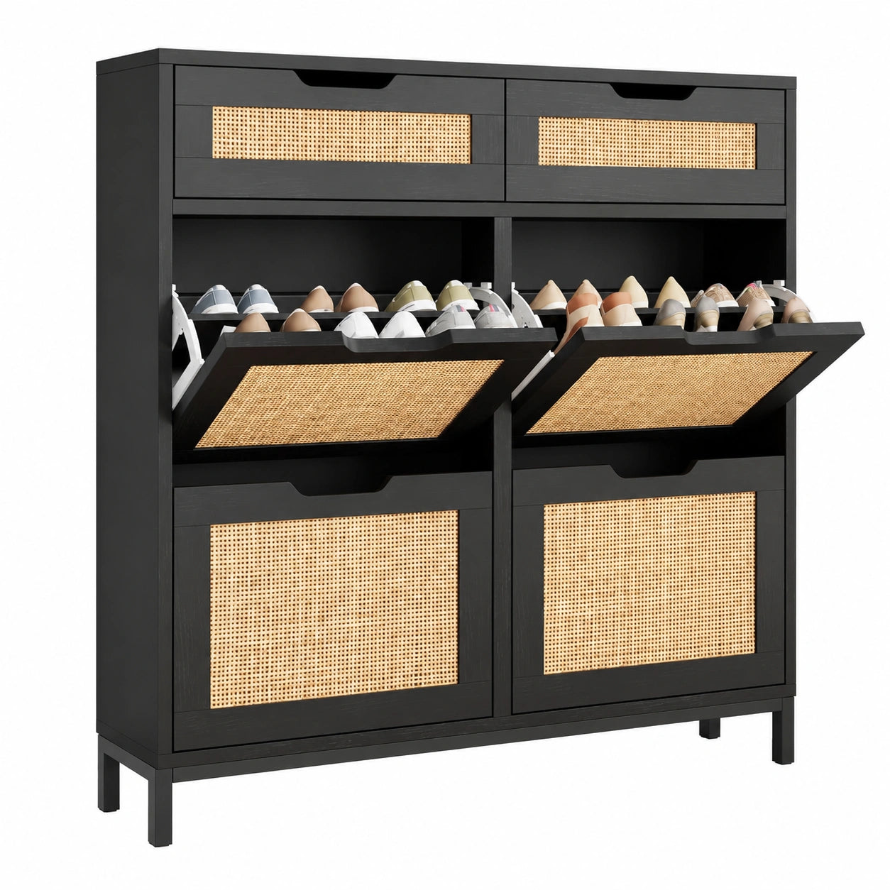Rattan Schuhschrank mit Klappfächern und Schubladen, Schmales Schuhregal mit Metallbeinen für Flur und Eingangsbereich, Schwarz