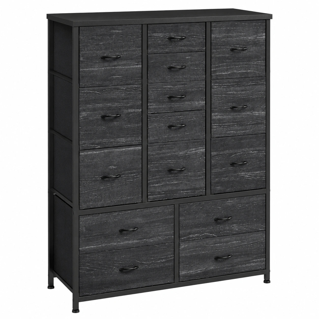 Großer 15-teiliger Holz- und Stoffkommode mit Metallrahmen, Aufbewahrungsschrank für Wohn- und Schlafzimmer, 100 x 30 x 123 cm, schwarz