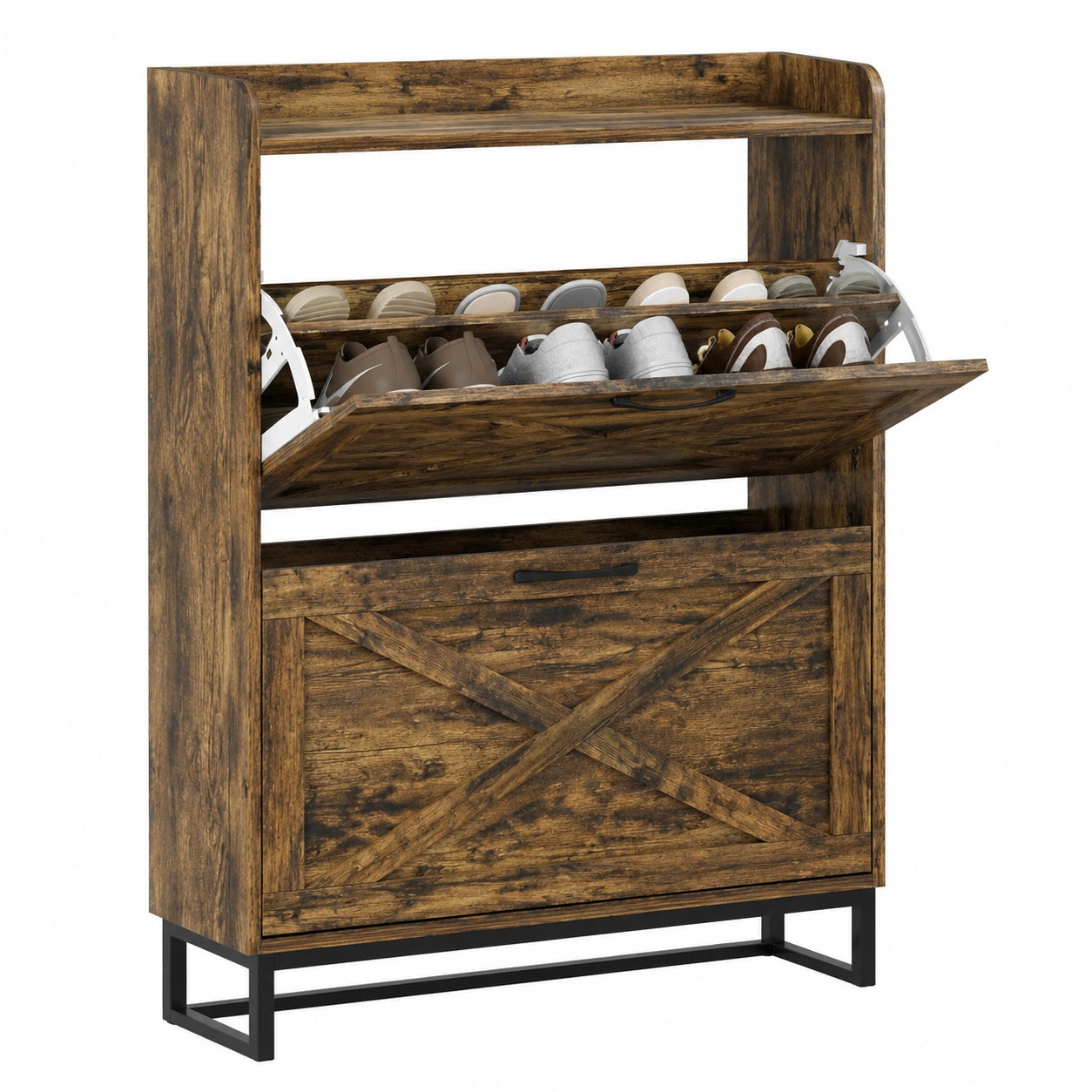 Schmaler Schuhschrank mit 2 Klappfächern und Metallfüßen, 4-stufiges Regal für den Flur, 80x23,8x101,7 cm, Holzoptik Braun