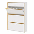HEXCELEN Schmaler Schuhschrank mit 3 Klapptüren, Verstellbarer Schuhkipper mit Schublade und 6 Böden, Ideal für Flur und Garderobe, Weiß-Gold, 80x24x137,5 cm