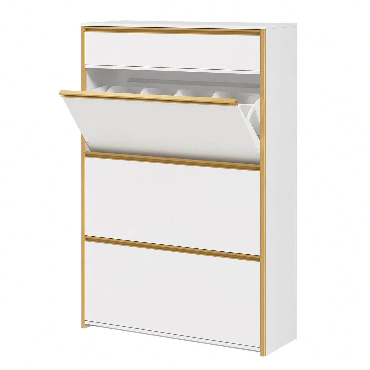 HEXCELEN Schmaler Schuhschrank mit 3 Klapptüren, Verstellbarer Schuhkipper mit Schublade und 6 Böden, Ideal für Flur und Garderobe, Weiß-Gold, 80x24x137,5 cm