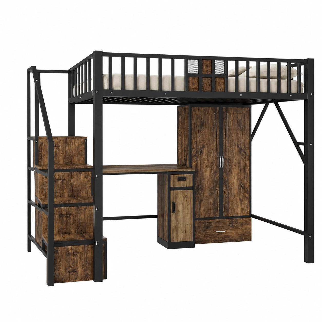 Modernes Hochbett 140x200 cm aus Holz und Metall mit integriertem Kleiderschrank und Leiter, Schwarz