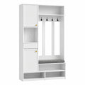 Merax Flurgarderobe mit Sitzbank und Schuhschrank, Weiße Garderobenlösung mit Lochwand, 4 Haken und Schubladen, 100x35x180 cm