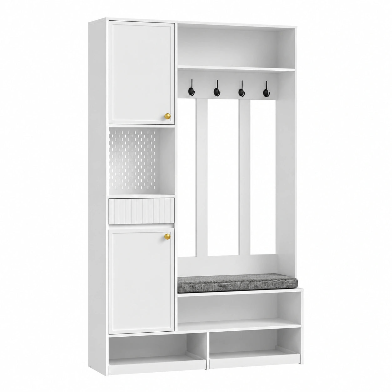 Merax Flurgarderobe mit Sitzbank und Schuhschrank, Weiße Garderobenlösung mit Lochwand, 4 Haken und Schubladen, 100x35x180 cm