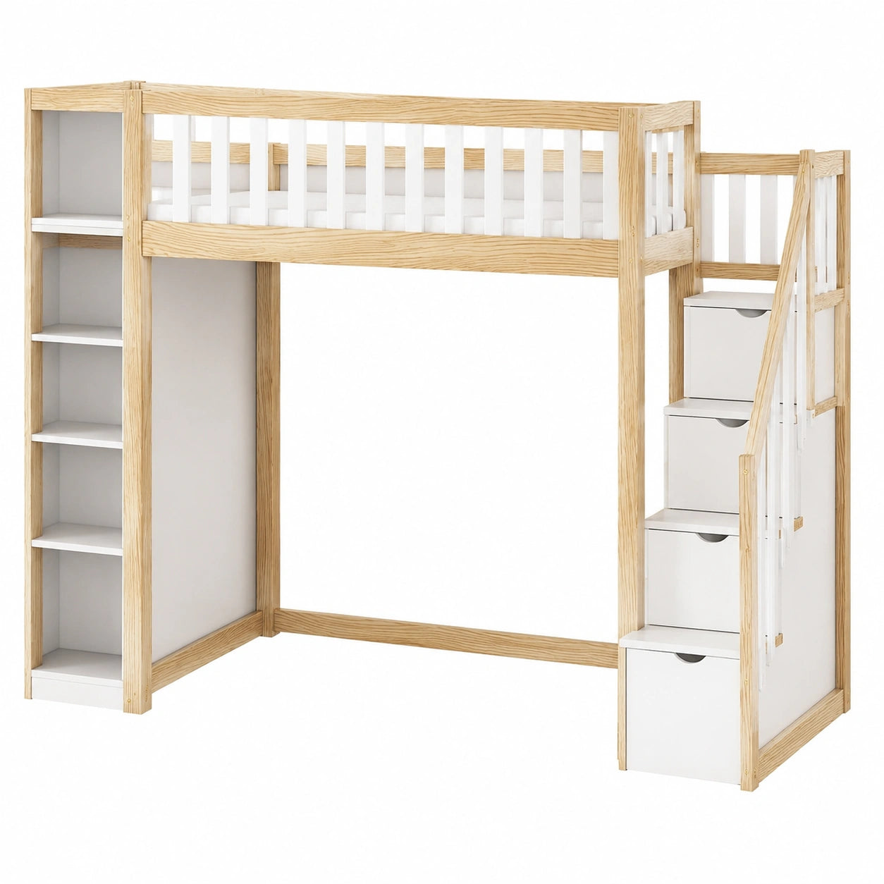 Kinder Hochbett 90x200 cm mit Regal, Kleiderschrank und sicherer Leiter