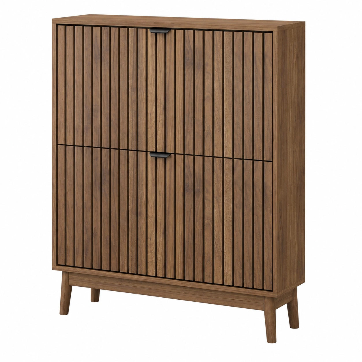 Moderner Schuhschrank aus Holz mit 2 Klappfächern und Lamellentüren, Walnuss